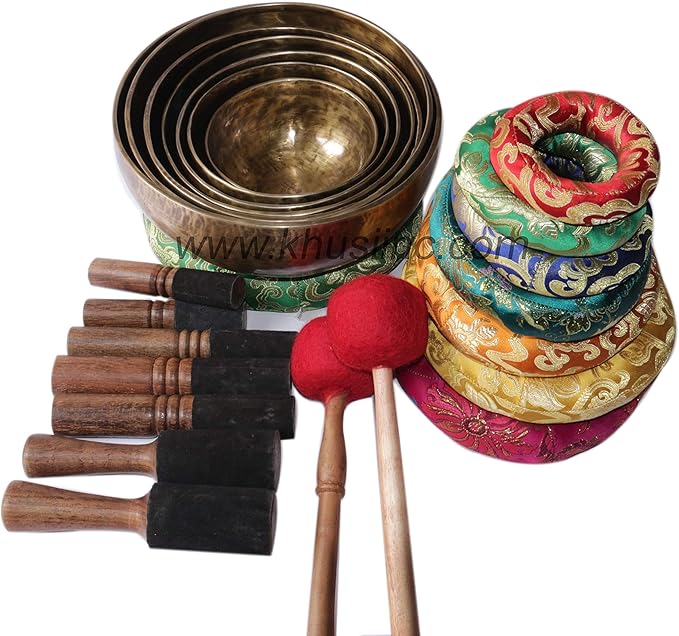Singing Bowl set of 7,Antique~ Hand hammered Seven chakra Singing Bowls,for chakra healing, meditation, Zen-practice .Crafted in Nepal. Khusi+Inc