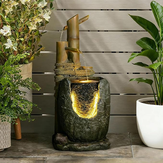 31" H 3 Tiered Bamboo & Imitation Rock Water Fountain - Natural Zen Decor with LED Lights Cascading Waterfall Design for Outside&Indoor - Suitable for Garden/Patio/Yard/Deck/Balcony （Resin） - Bloomnest