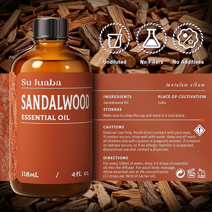 SU JUABA Sandalwood Oil 4 Fl Oz, 100% Natural Aromatherapy Oil for Diffuser,Skincare, Hair Care, DIY Fragrance, and Relaxation - 118ML Bloomnest