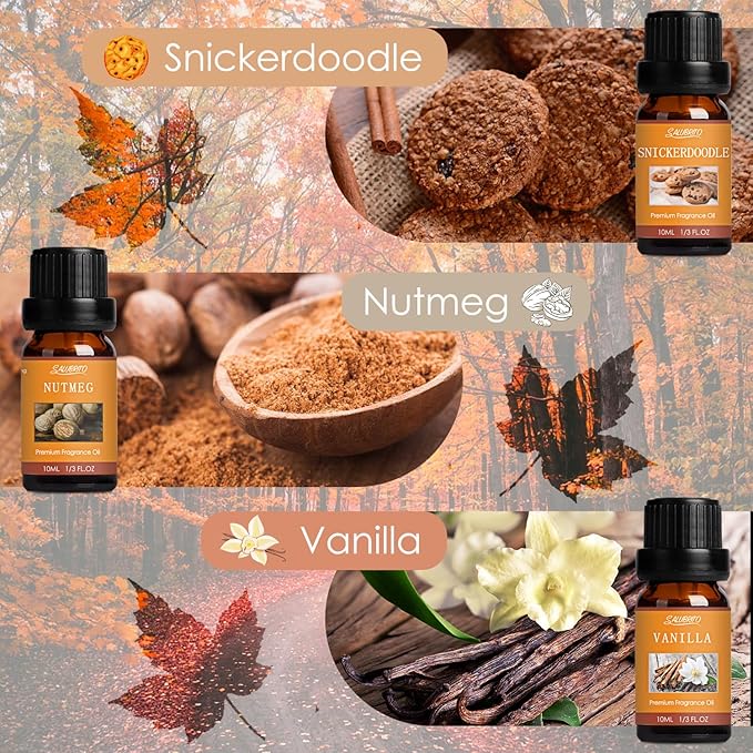 SALUBRITO Fall Fragrance Oils Set, Autumn Essential Oil for Diffuser, Candle Making, Aromatherapy Oils Gift - Cinnamon, Pumpkin Spice, Vanilla, Snickerdoodle, Spiced Cider, Nutmeg, 6x10ml - Bloomnest