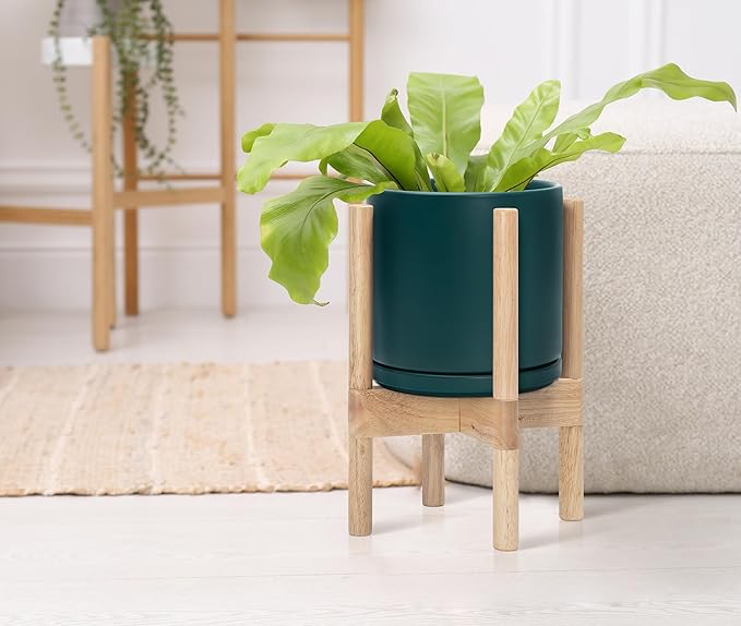 D'vine Dev Ceramic Planter with Natural Stand - 8 Inch Modern Round Flower Pot with Wood Planter Holder, Teal, 55-B-N-4 - Bloomnest