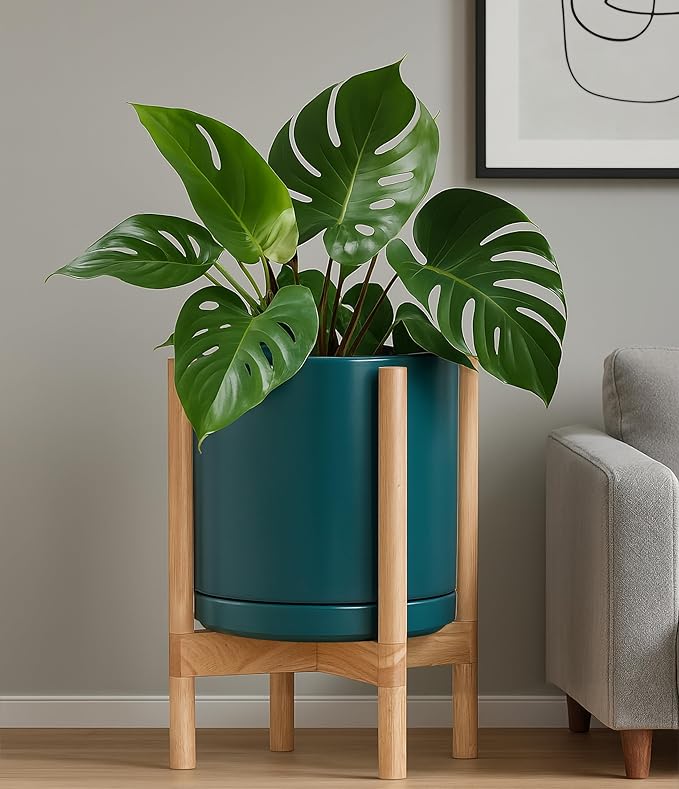 D'vine Dev Ceramic Planter with Natural Stand - 12 Inch Modern Round Flower Pot with Wood Planter Holder, Teal, 55-B-J-4 - Bloomnest