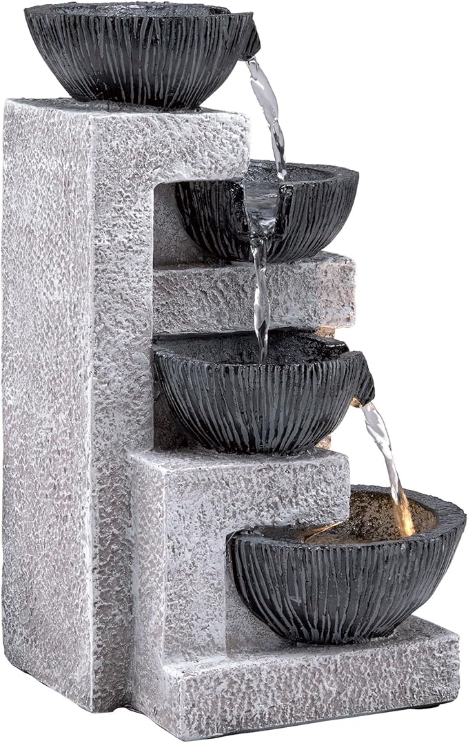 Alpine Corporation WIN1578 14" Cascading Tabletop Bowl Fountain with LED Lights – Elegant Water Fountain for Home, Office, Living Room, Bedroom, and Desk, Gray - Bloomnest