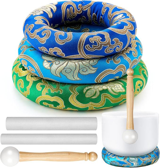6 Pcs Singing Bowl Cushion Set 3 Silk Cloth O Ring with 3 Crystal Singing Bowl Mallet Include Solid and Hollow Stick Wood Handle Rubber Mallet for 7-9 Tibetan Sound Meditation - Bloomnest