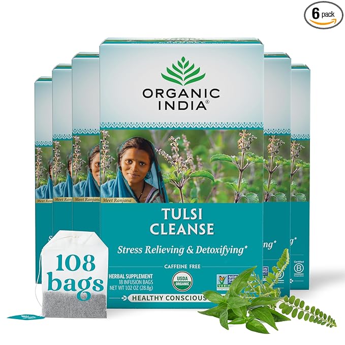 Organic India Tulsi Cleanse Detox Tea - Holy Basil, Ginger, Turmeric, Herbal Tea, Stress Relieving & Cleansing, Immune Support, Adaptogen, Organic, Non-GMO, Caffeine-Free - 18 Infusion Bags, 6 Pack - Bloomnest