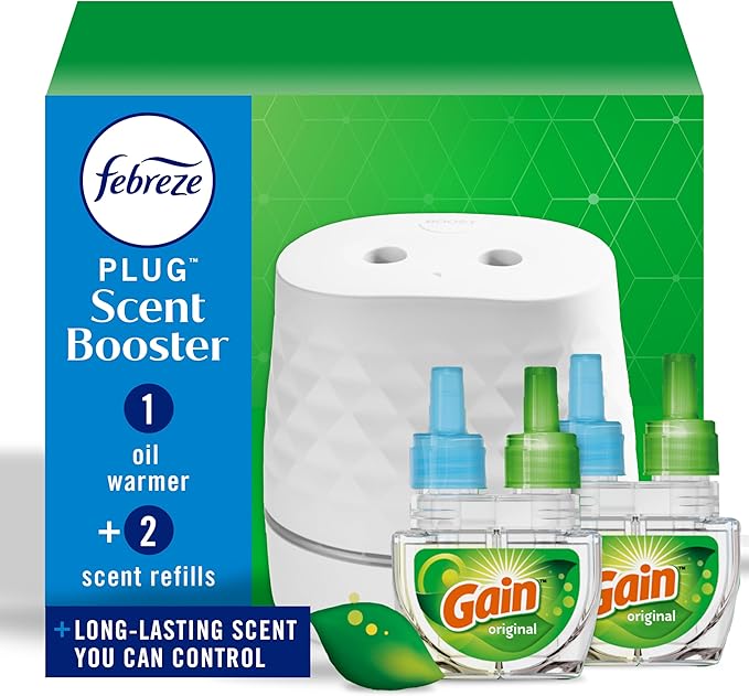 Febreze Plug Scent Booster Starter Kit, Oil Diffuser, Air Freshener Plug in, Continuous Scent Device + 2 Gain Original Refills - Bloomnest