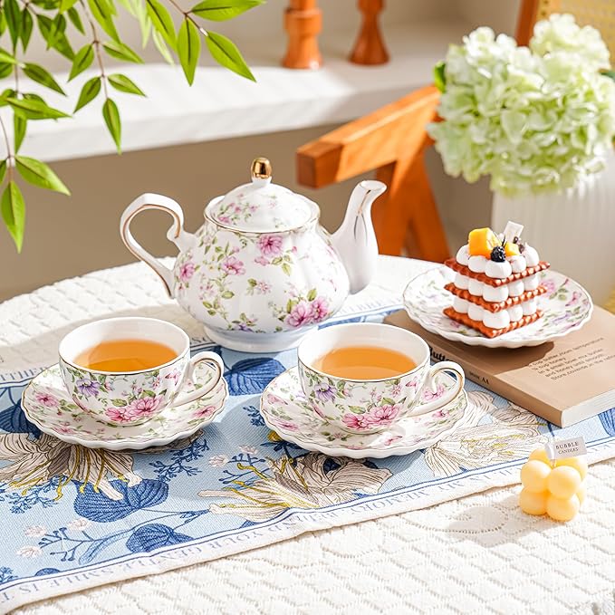 Tea Cup and Saucers, 6.4oz Floral Tea Cups with Gold Trim, Coffee Cappuccino Espresso Latte Mugs for Party Birthday,Christmas Gift (Pink and purple flowers) - Bloomnest