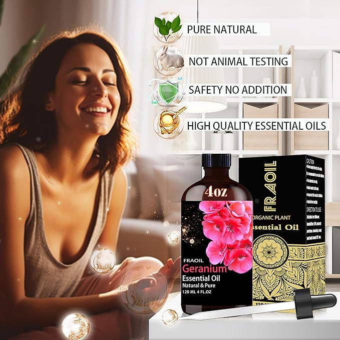 Geranium Essential Oil, Geranium Oil 4 Fl Oz 120ML for Diffuser Humidifier Yoga Cleaning DIY Candle Soap Making Perfume Gift for Women Essential Oils - Bloomnest