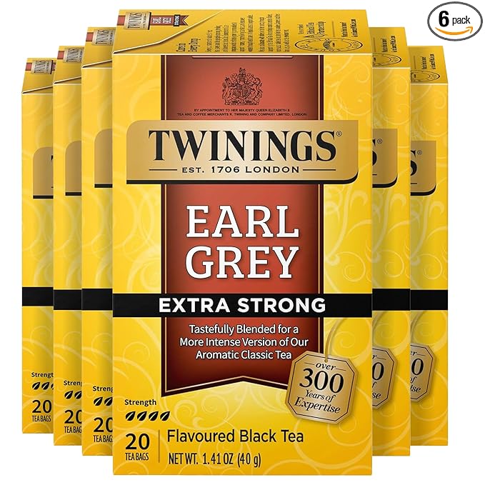 Twinings Earl Grey Extra Strong Black Tea Individually Wrapped Bags, 20 Count (Pack of 6), Flavoured with Citrus and Bergamot, Caffeinated, Enjoy Hot or Iced, 120 Teabags - Bloomnest