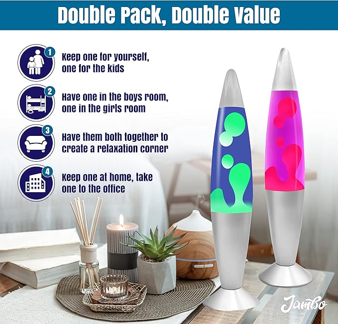 JAMBO 2 Pack- 16" Beautiful Lamp- Blue with Yellow/Green Wax and Purple with Pink Wax, Relaxing Liquid Lamp, Night Light Nightlight, Lamps for Adults Teens Kid - Bloomnest