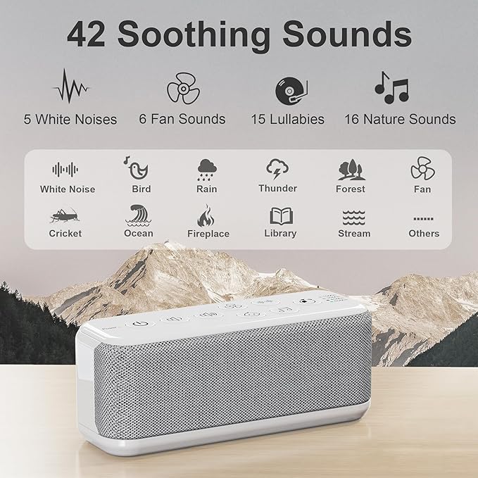 Raynic White Noise Machine, 42 Soothing Sounds Noise Machine, Rechargeable Battery Sound Machine with 8 Volumes, 5 Timers, Type-C Port, Headphone Jack for Baby, Adult, Home, Travel, Office - Bloomnest