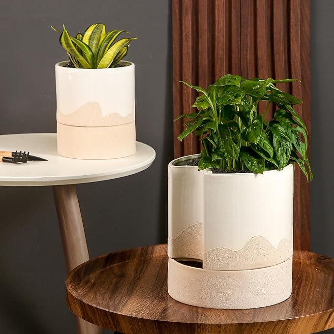 Nihow Self Watering Plant Pot: 8 Inch Ceramic Planter with Drainage Hole & Water Storage Plus for Indoor & Outdoor Plants - Cylinder Round Flower Pot for Succulent/Herbs/Violets - White & Wave Nature - Bloomnest