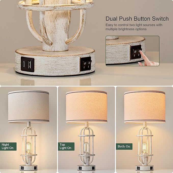 22.3" Farmhouse Table Lamps Set of 2, Vintage Lamps for Living Room End Tables, Bedroom Lamp for NightStand with USB C+A Ports, Antique White - Bloomnest