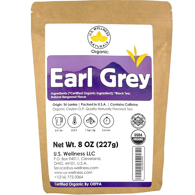 Earl Grey Tea, FLORAL & CITRUSY, Natural Bergamot Flavor Blended with ORGANIC Loose Leaf Tea, 110+ Cups, 8oz, ORGANIC CEYLON, OP Grade Tea, U.S.A Processed & Quality Control - Bloomnest