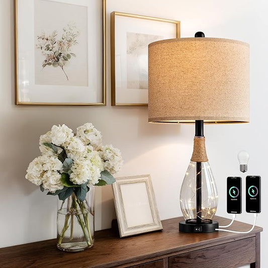 OYEARS 23" Farmhouse Table Lamps for Living Room,Boho Rattan Bedside Lamps with USB-C & USB-A Ports, Glass Nightlight, Dual Light Sources, Black - Bloomnest