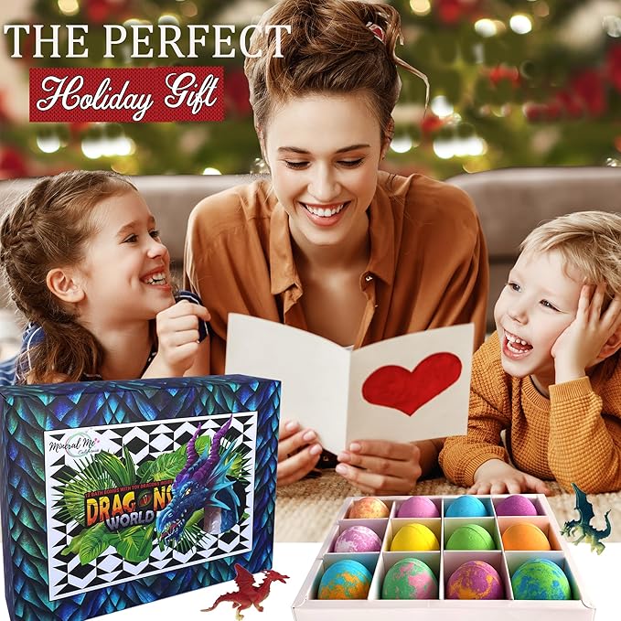 Bath Bombs for Kids with Surprise Inside - 12 Organic Bubble Bath Fizzies with Dragon Egg Toys. Gentle & Kids Friendly w/Rich Bubbles & Rainbow Colors, Stocking Stuffer Christmas Gifts for Boy, Girls - Bloomnest