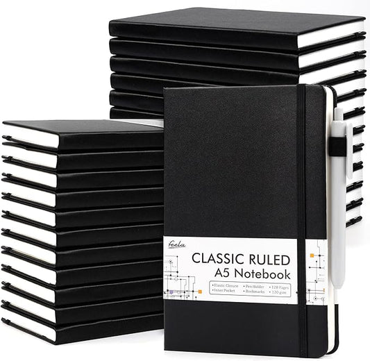 24 Pack Journal Notebook for Work, Feela Business Notebook Bulk Hardcover Lined Writing Journal with Pen Holder for Men Women Note Taking, with 24 Black Pens, 120 GSM, 5.1”x8.3”, A5, Black - Bloomnest