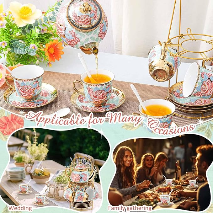 Zhehao 20 Pcs Porcelain Tea Set with Metal Holder and Spoon Adult Ceramic Tea Set European Flower Painting Teapot Cup Saucer Spoon for Women, Large Version(Vintage Style) - Bloomnest