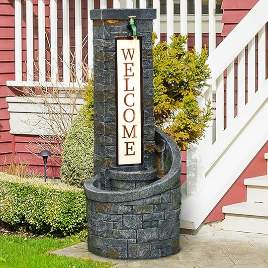 35.43 Inches Outdoor Water Fountain Welcome Garden Waterfall Indoor Modern Water Feature Freestanding Fountains with LED Lights and Pump for Patio Yard Pool Home Decor