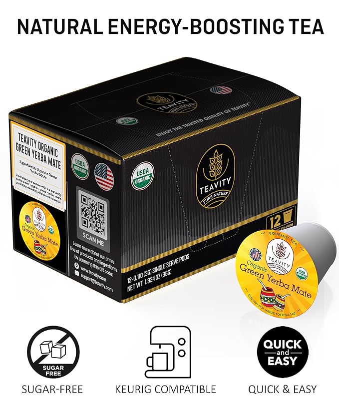 Organic Yerba Mate Tea Pods for Keurig - Green, Unsmoked Yerba Mate by Teavity (12 Tea Pods) - Bloomnest