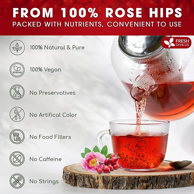 FreshDrinkUS, Premium 135 Rosehip Tea Bags, 100% Natural & Pure from Rose Hip Fruits. Loose Rosehip Herbal Tea. Made with Natural Material Tea Bags. No Sugar, No Caffeine, No Gluten, Vegan. - Bloomnest