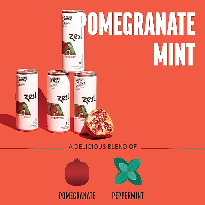 Zest Clean Energy Drink – Pomegranate Mint – 150mg Caffeine + 100mg L-Theanine – Natural Focus & Concentration Boost – Healthy Energy Drink 12oz Can 12 Pack – Low Sugar, No Artificial Sweeteners - Bloomnest