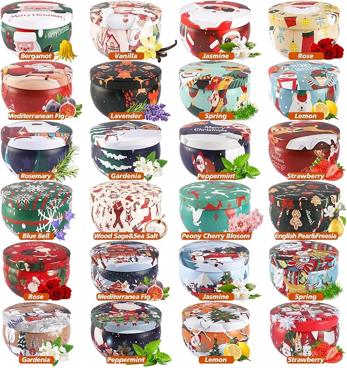 24 Pack Christmas Scented Candles - Natural Soy Wax Advent Candles, Smokeless Clean Burning with Cotton Wick, 2.5oz Mini Jar Candles for Holiday Gifts, Home Decor & Christmas Party Favors - Bloomnest
