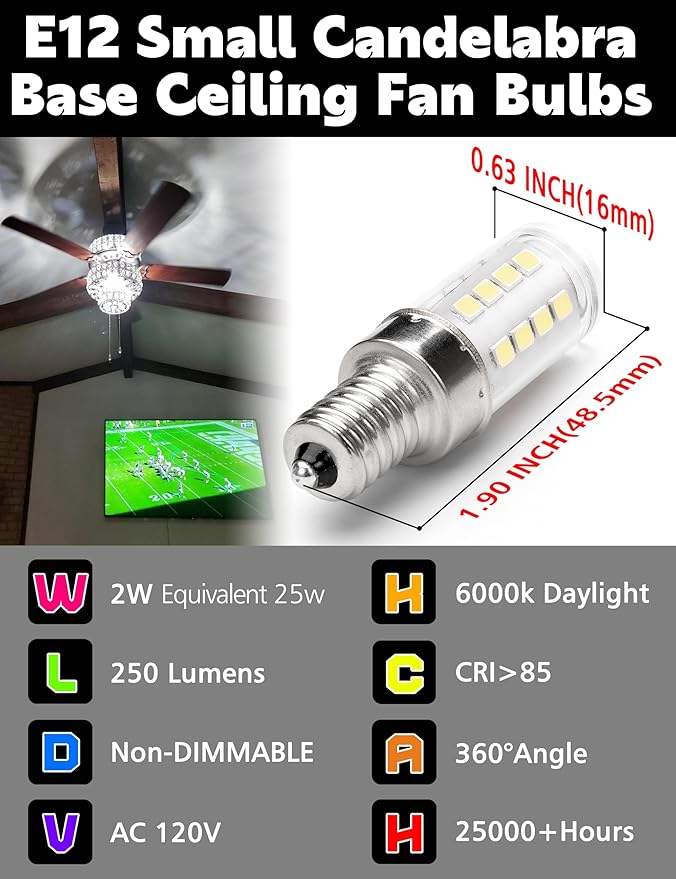 E12 2W C7 T6 LED Chandelier Bulbs 25W Equivalent, E12 Small Candelabra Base LED Bulbs, 120V 250lm 6000k White for Pendant Wall Sconces Dryer Fridge Salt Lamp, Non-Dimmable, 10Pack - Bloomnest