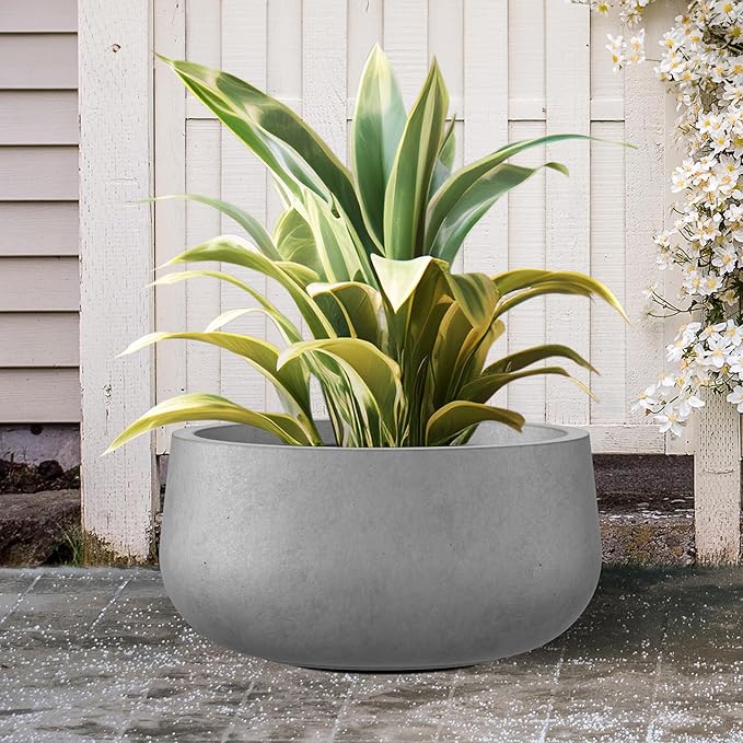 Kante 19.6" Dia Round Concrete Planter, Cement Plant Pots with Drainage Hole and Rubber Plug for Outdoor Indoor Garden Home, Modern Curvaceous Design, Natural Concrete - Bloomnest