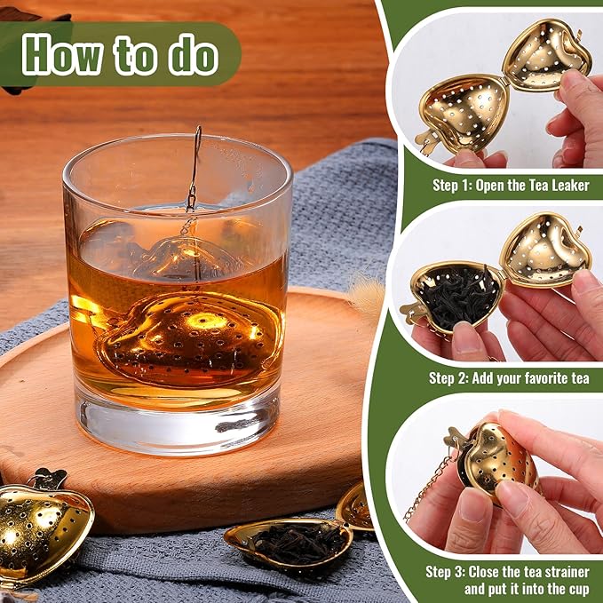 Sumind 50 Pcs Stainless Steel Tea Strainer Ball Infuser Loose Leaf Steeper Interval Diffuser Heart Shape Mesh Filters with Extended Chain Hook for tea party Seasonings Cup Bottle(Gold) - Bloomnest