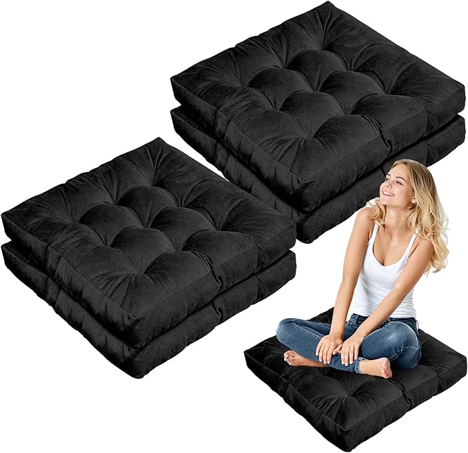 Jerify Floor Pillow Cushions 22 x 22 Inch Round Square Large Meditation Floor Pillow for Classroom Adult Meditation Picnic Party Cushion for Seating Gift Christmas(Square,Black,4 Pcs) - Bloomnest
