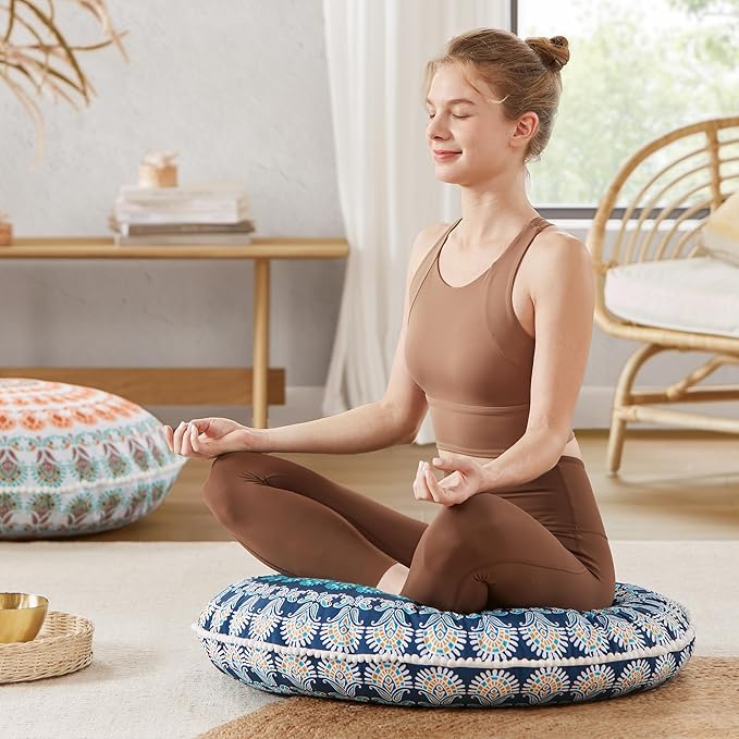 Codi Meditation Floor Pillow Set of 2, Round Large Pillows Seating for Adults, Bohemian Mandala Circle Cushion for Outdoor Fireplace Yoga Living Room, 32 Inch, Memory Foam Added, Navy - Bloomnest