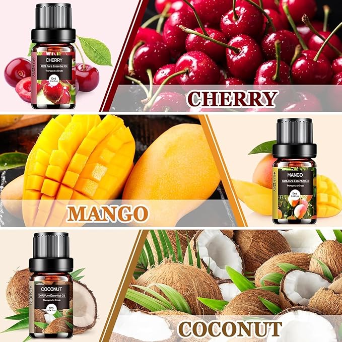 Fruity Essential Oils Set - 6x10ML Fruit Fragrance Oil for Diffuser, Aromatherapy, Candle Making - Strawberry, Cherry, Blueberry, Mango, Coconut, Watermelon Scented Oil - Bloomnest