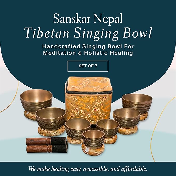Tibetan Singing Bowl Set of 7, Handmade Singing Bowl for Meditation & Holistic Healing, Yoga Accessories, 3-5” Brass Singing Bowls with Wooden Striker, Cushion & Gold Carry Box - Bloomnest