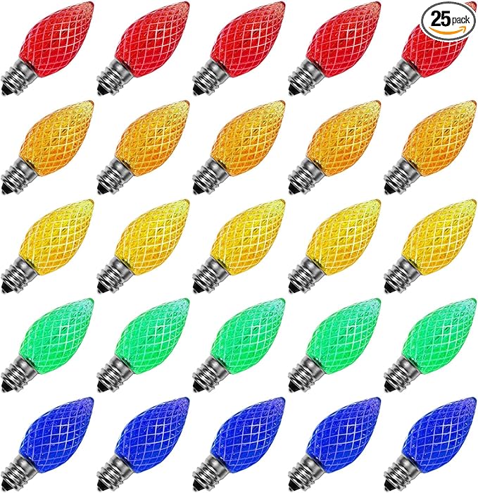 Meconard C7 Led Replacement Christmas Light Bulbs, C7 Shatterproof Led Bulbs for Christmas Indoor Outdoor String Lights, E12 Candelabra Base, Commercial Grade Holiday Bulbs, Multi-Color, 25 Pack - Bloomnest