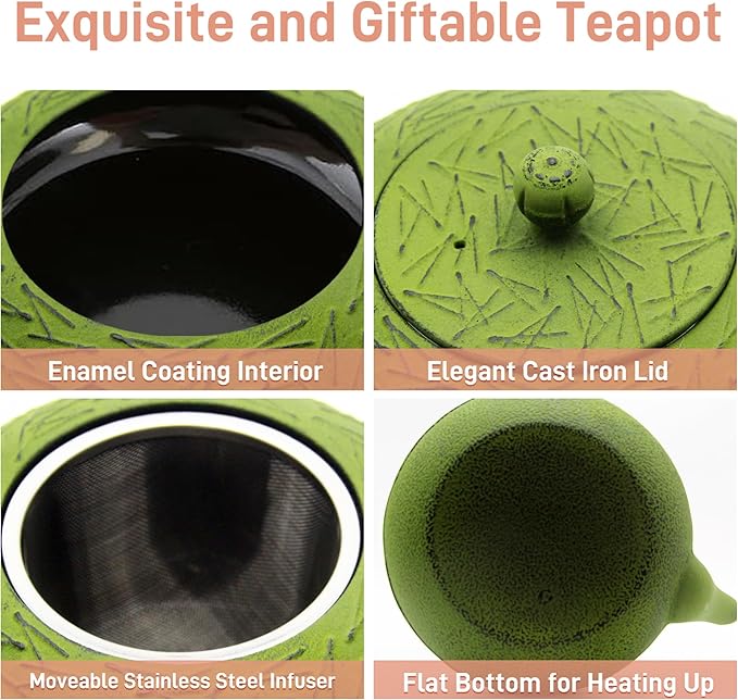 YJX 60.9oz Large Cast Iron Teapot, Big Tea Kettle for Stovetop Safe, Green Cast Iron Kettle Teapot with Stainless Steel Infuser for Loose Tea and Tea Bags(1800ml) - Bloomnest