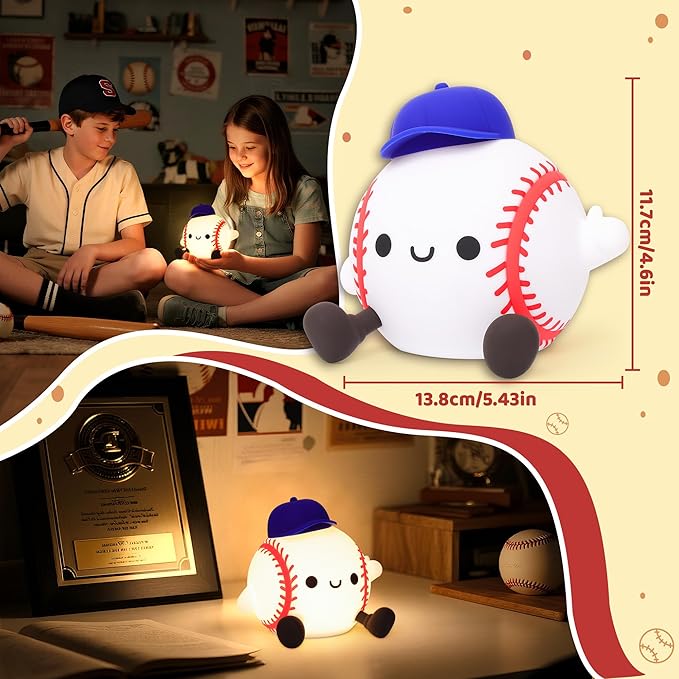 Attivilife Baseball Night Light, Baseball Gifts for Boys, Soft Silicone Nursery Bedroom Bedside Decor Dimmable Rechargeable LED Touch Lamp, Baby Kid Teen Sport Lover Athlete Birthday Christmas Gifts - Bloomnest