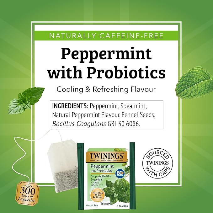 Twinings Superblends Probiotics+ Peppermint & Fennel Herbal Tea, 250 Million CFUs per Cup, 18 Tea Bags (Pack of 2), Naturally Caffeine-Free, Enjoy Hot or Iced - Bloomnest