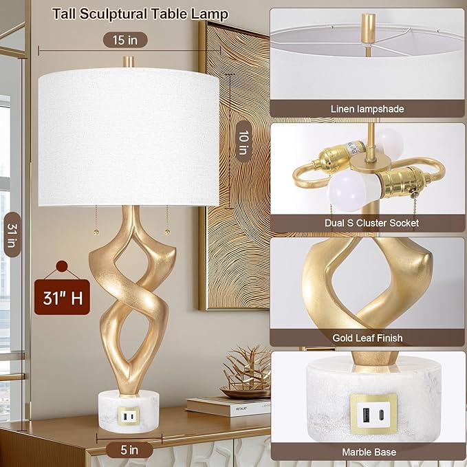Scenekoy Sculptural Resin Table Lamp Set of 2 with USB Ports for Bedroom Living Room, 31” Big Gold Leaf Marble Base Bedside Lamps, Pull Chains Switch Modern Nightstand Lamp for Home Room Decor - Bloomnest