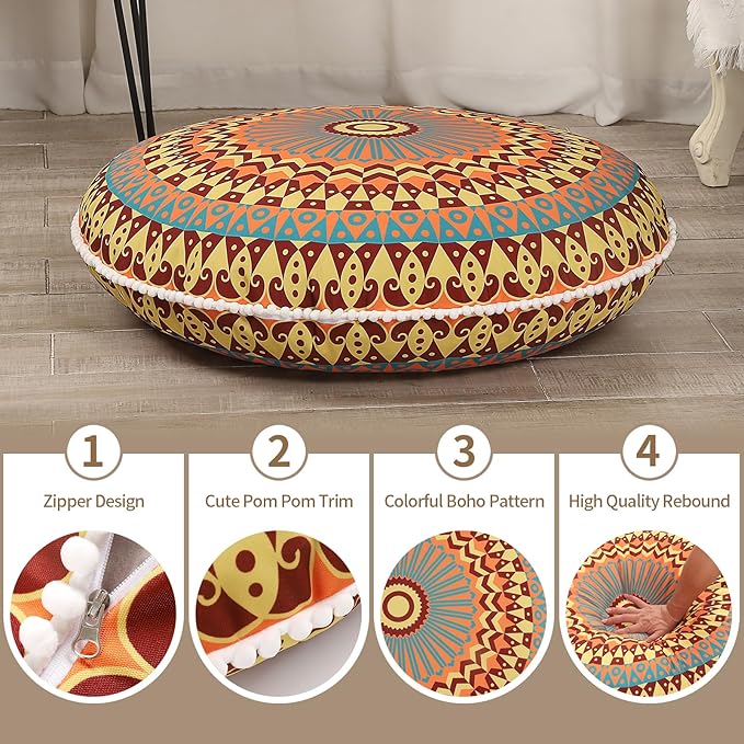 32 inches Meditation Floor Cushion for Adults, 2 Pack Round Large Thick Floor Pillow, Memory Foam Filling, Yellow