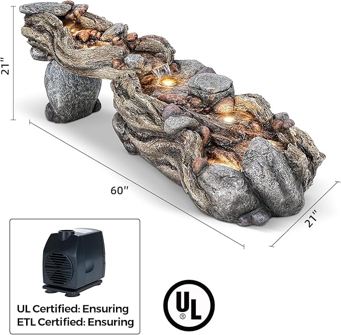 60" Long Cascading Outdoor Rock Water Fountain, 5-Tier Tranquil River Waterfall, Realistic Rock Design, Serene Flowing Water Sound for Outdoor Garden, Patio, Landscaping, Home Decor - Bloomnest