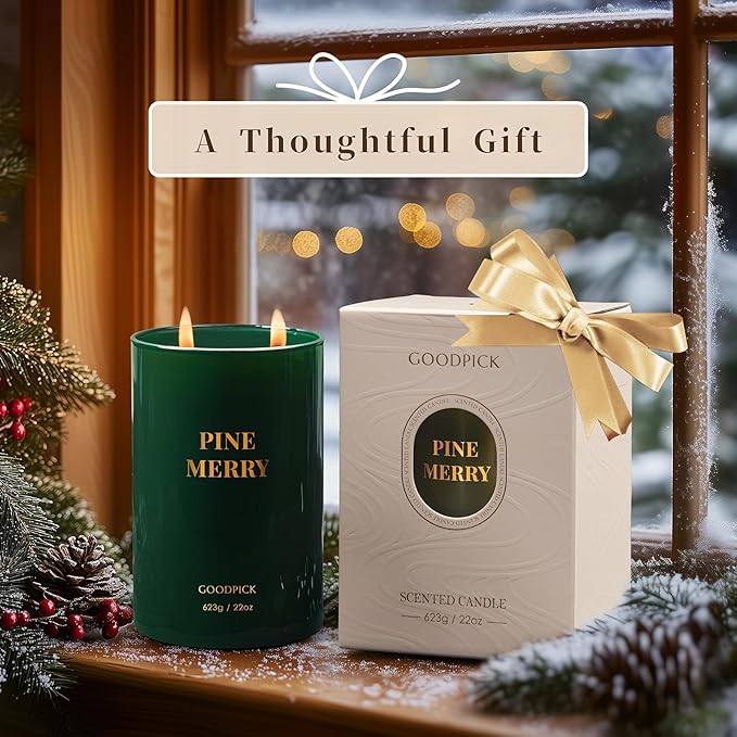 Goodpick Pine Merry Scented Candle, Soy Wax 22oz 120H Long Burning, Festive Pine Forest with Cedar & Juniper, Holiday Home Aromatherapy Candles - Bloomnest