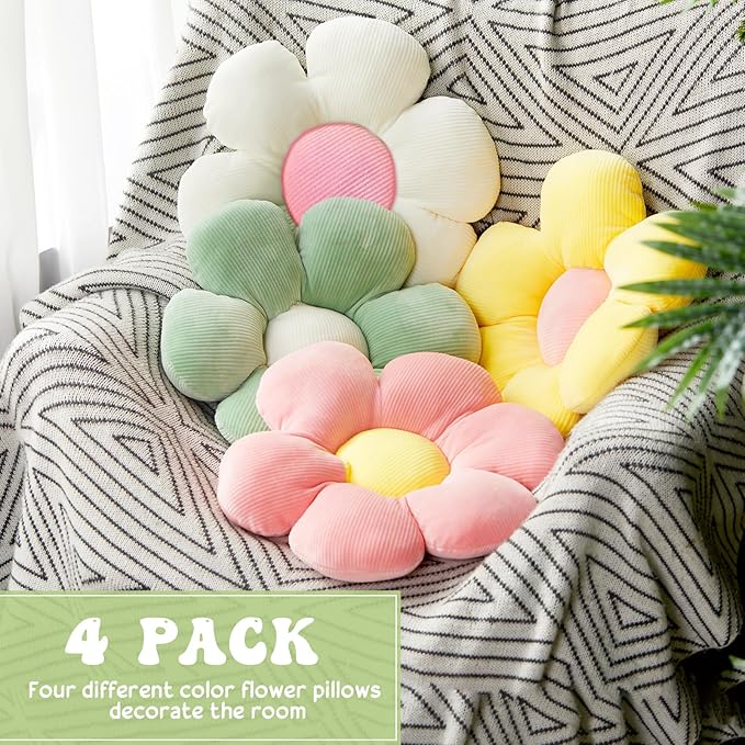 Reginary 4 Pcs Flower Floor Pillows Cute Plush Flower Throw Pillows Daisy Floor Seat Cushion Chair Pads for Back to School First Day of School for Sofa Couch Bed Decor(15 Inch,Light Color) - Bloomnest