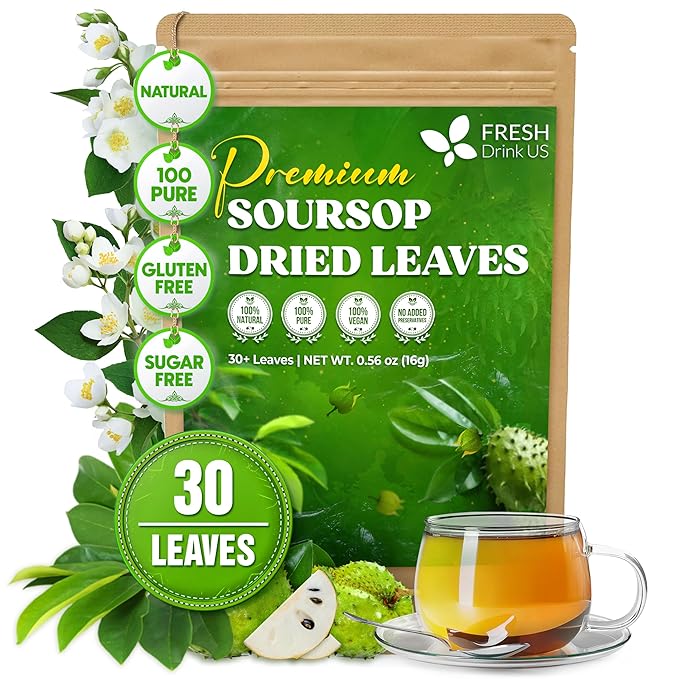 FreshDrinkUS, Premium 30+ Soursop Graviola Dried Leaves, Natural Whole Soursop Leaves, Wildcrafted, Hoja Guanabana, Loose Leaf Herbal Tea, No Gluten, Vegan - Bloomnest