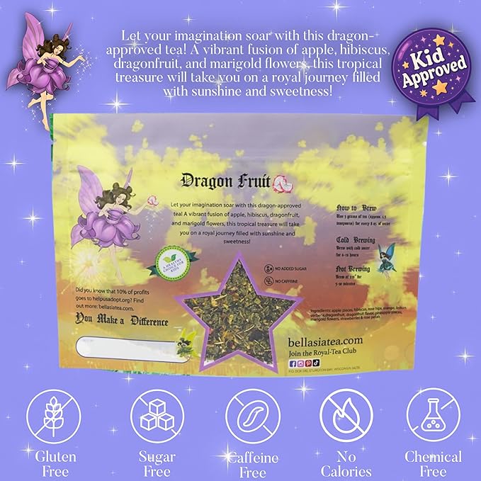 Bellasia Tea Dragon Fruit for Kids Using Real Fruit Pieces - Caffeine Free Herbal Tea Blend with Real Ingredients & Balanced Flavor- Add Loose Leaf Tea to Your Child’s Routine for A Fun & Tasty Drink - Bloomnest