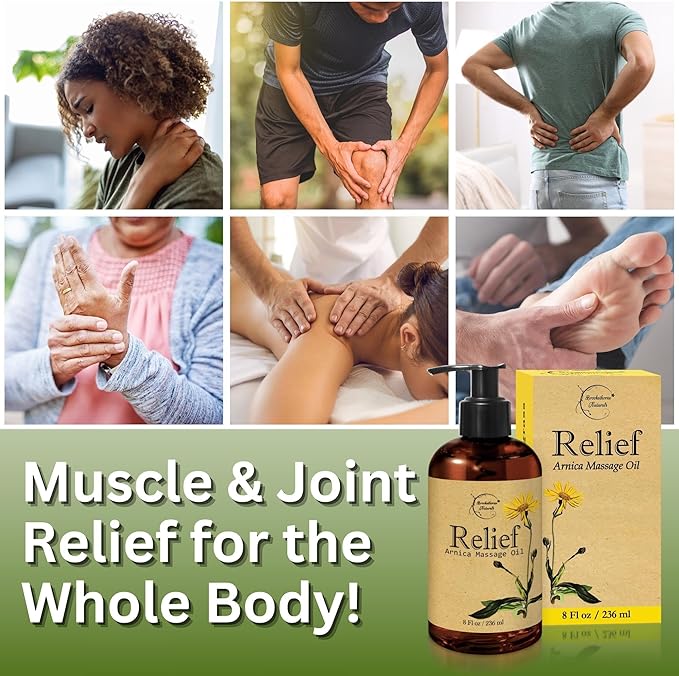 Relief Arnica Massage Oil – Great for Sports & Athletic Therapeutic Massage – All Natural - Arnica Montana for Sore Muscle Relief. Contains Sweet Almond, Jojoba, Grapeseed & Essential Oils 8oz - Bloomnest