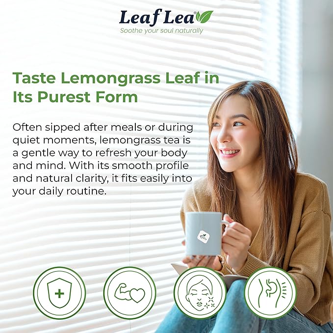 LeafLea 80 Premium Lemongrass Tea Bags, Natural Herbal Lemongrass Leaves, Te de Limoncillo for Digestion Support, Light & Soothing Taste, Caffeine-Free, Sugar-Free, Vegan, Individually Wrapped - Bloomnest
