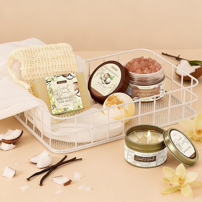 Gifts for Women Happy Birthday Gift Baskets, Bath and Body Gift Set Mothers Day Gifts, Vanilla Coconut Relaxing Home Spa Set Self Care Gift for Mom Sister Her Wife Grandma Girlfriend Friends - Bloomnest