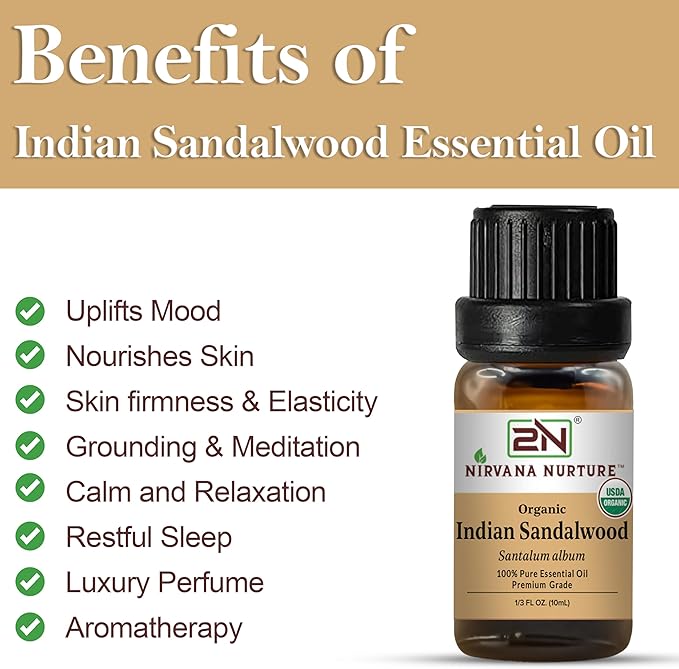 Indian Sandalwood Essential Oil, USDA Certified Organic, 100% Pure Undiluted, Aromatherapy Oil for Diffuser, Hair & Skin Care NirvanaNurture