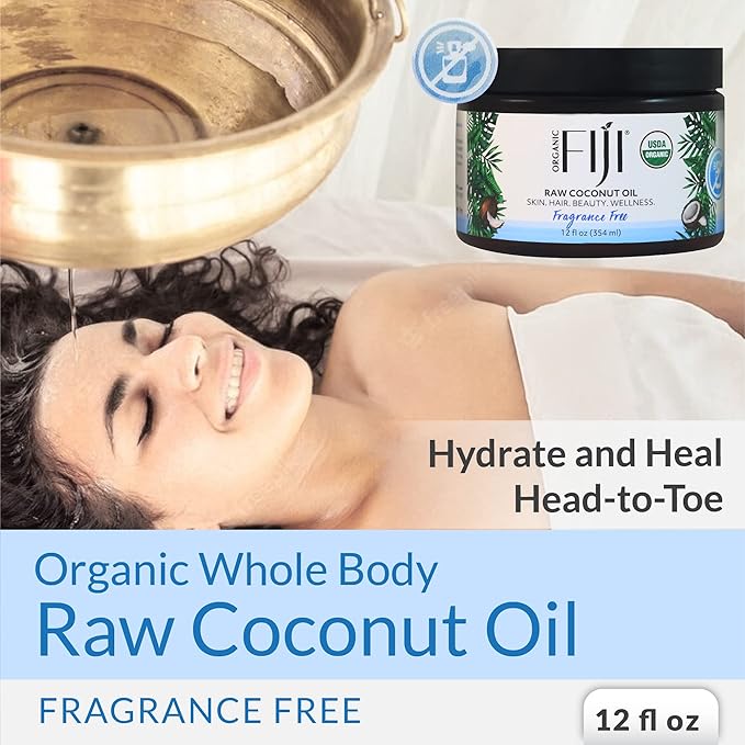 Organic Fiji Cold Pressed Coconut Oil Extra Virgin, Fragrance-Free for Hair, Skin, Face & Body Natural Moisturizer & Massage Oil for Women, Men & Baby 12 oz - Bloomnest